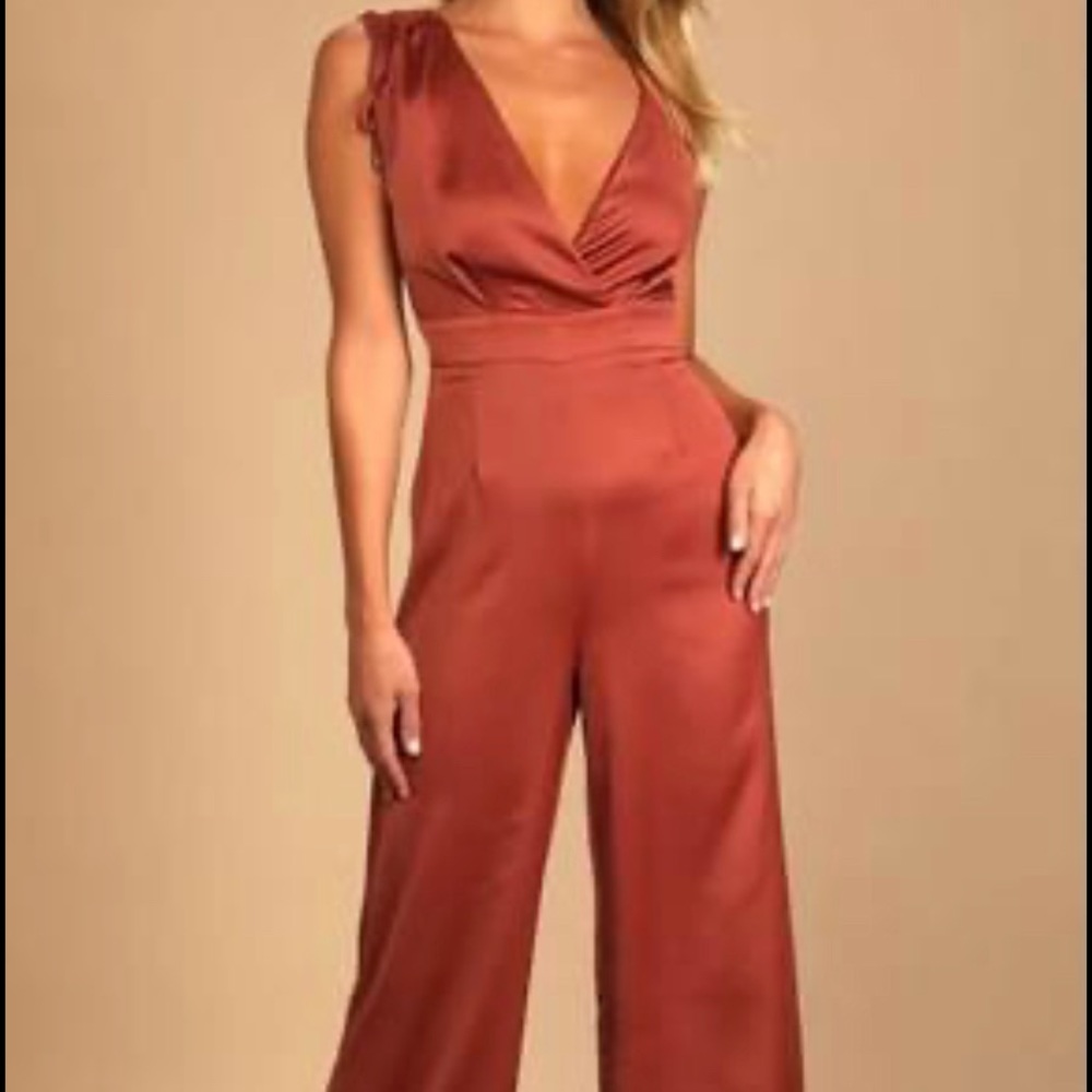 Rusty Rose Satin Asymmetrical Wide-Leg Jumpsuit